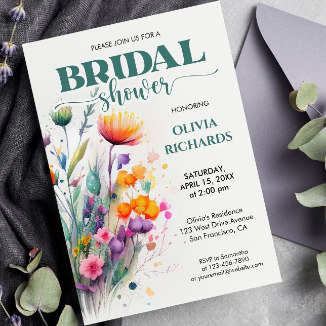 Invitation Aquarelle verte Fête des mariées Fleur sauvage (Créateur téléchargé)