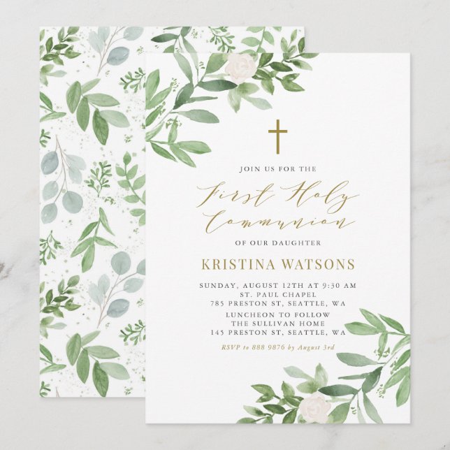 Invitation Aquarelle verte Floral Gold Première communion (Devant / Derrière)