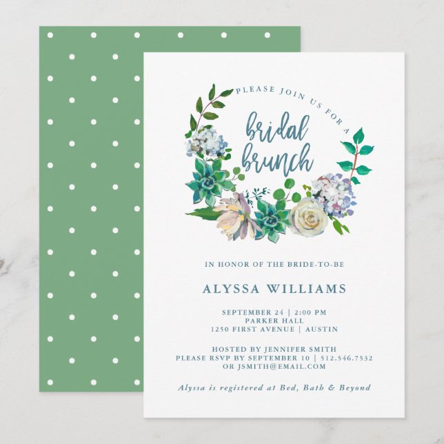 Invitation Aquarelle verte Florale Succulente | Brunch nuptia (Devant / Derrière)