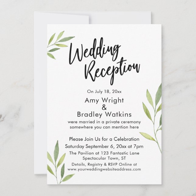 Invitation Aquarelle verte Foliage Réception de mariage (Devant)