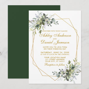 Invitation Aquarelle verte Geo Frame Gold Mariage