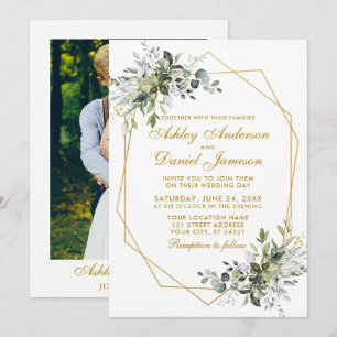 Invitation Aquarelle verte Geo Frame Photo Mariage or