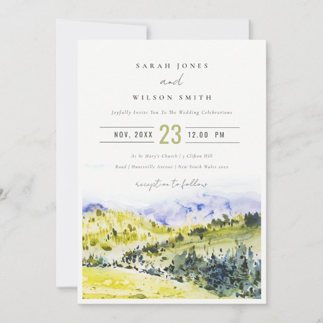 Invitation Aquarelle verte Jaune Campagne Hills Mariage (Devant)