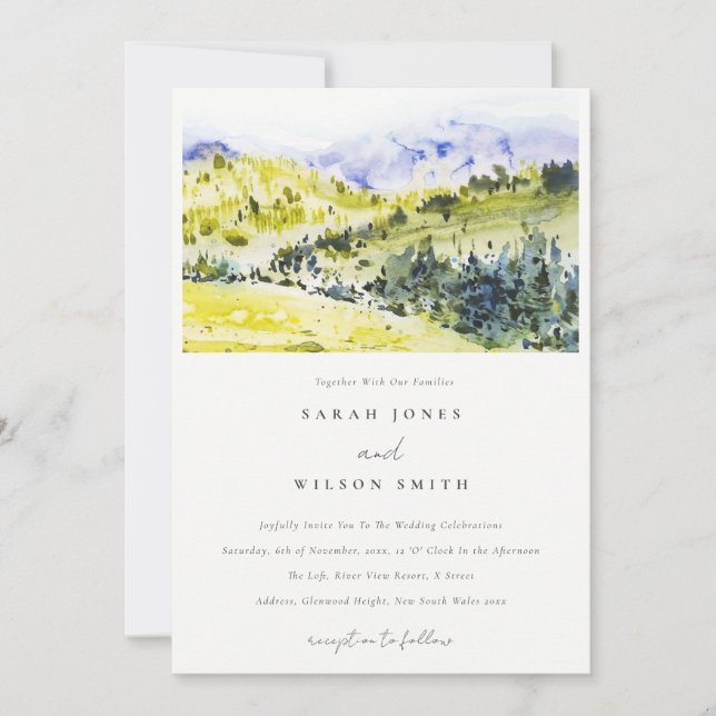 Invitation Aquarelle verte Jaune Campagne Hills Mariage (Devant)