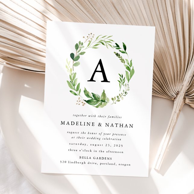 Invitation Aquarelle verte Mariage de monogramme de couronne (Créateur téléchargé)