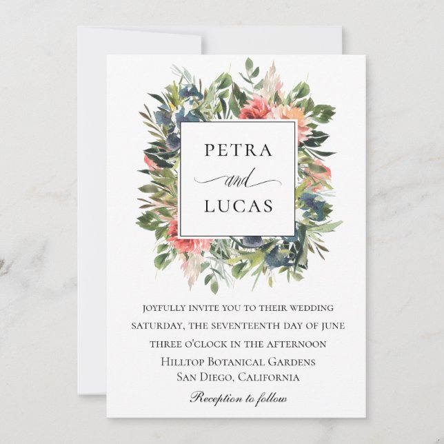 Invitation Aquarelle verte Marine Coral Mariage floral (Devant)
