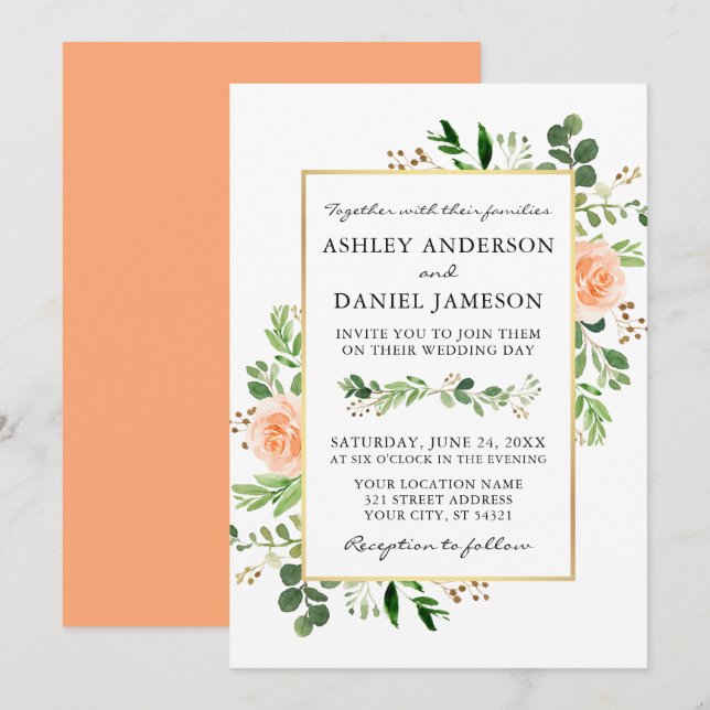 Invitation Aquarelle verte Pêcher Rose Mariage (Devant / Derrière)