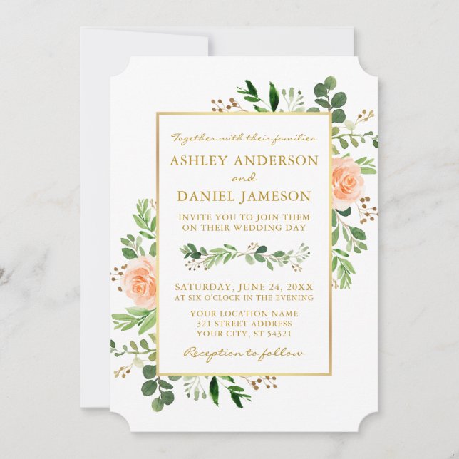 Invitation Aquarelle verte Pêcher Rose Mariage or (Devant)