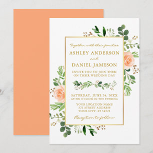 Invitation Aquarelle verte Pêcher Rose Mariage or