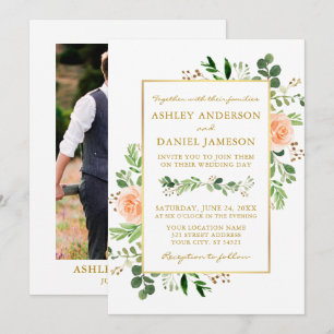 Invitation Aquarelle verte Pêcher Rose Photo Mariage or 