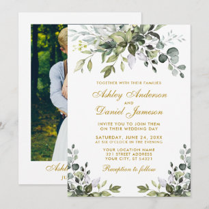 Invitation Aquarelle verte Photo Mariage Gold