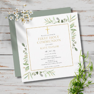 Invitation Aquarelle verte Premier Carré de la Communion