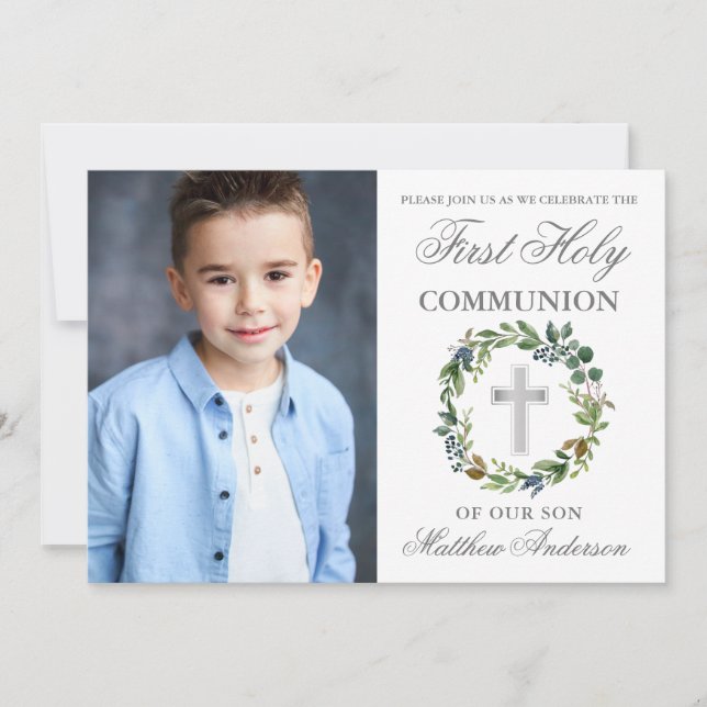 Invitation Aquarelle verte Première communion photo argent (Devant)