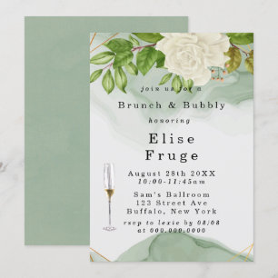 Invitation Aquarelle verte Roses blanches Brunch & Bubbly