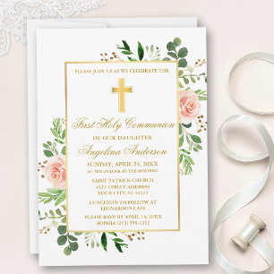 Invitation Aquarelle verte Roses roses rose Première communio