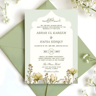 Invitation Aquarelle verte Sage Floral Mariage islamique