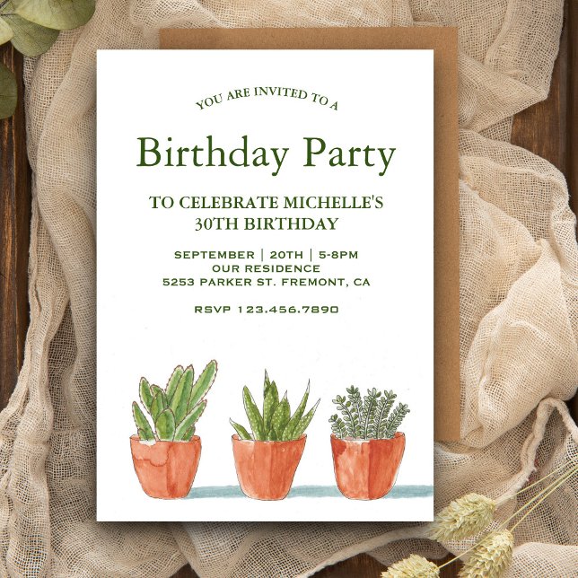 Invitation Aquarelle verte Succulents fête d'anniversaire (Créateur téléchargé)