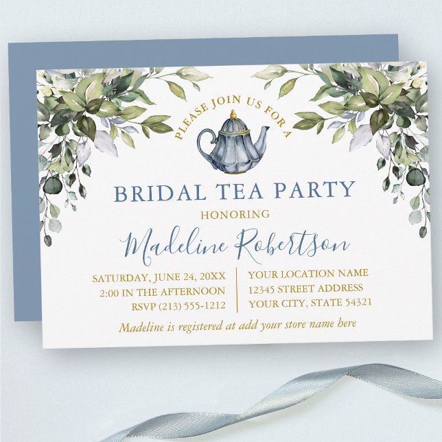 Invitation Aquarelle verte Tea Party nuptiale Dusty Blue (Customize to change text color, text style or color of back of card.)