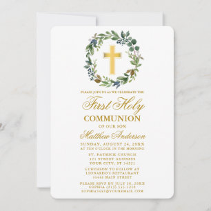 Invitation Aquarelle verte Wreath Première Communion Or