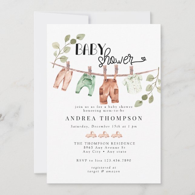 Invitation Aquarelle Vêtements bébé | Boho BoyBaby Douche (Devant)