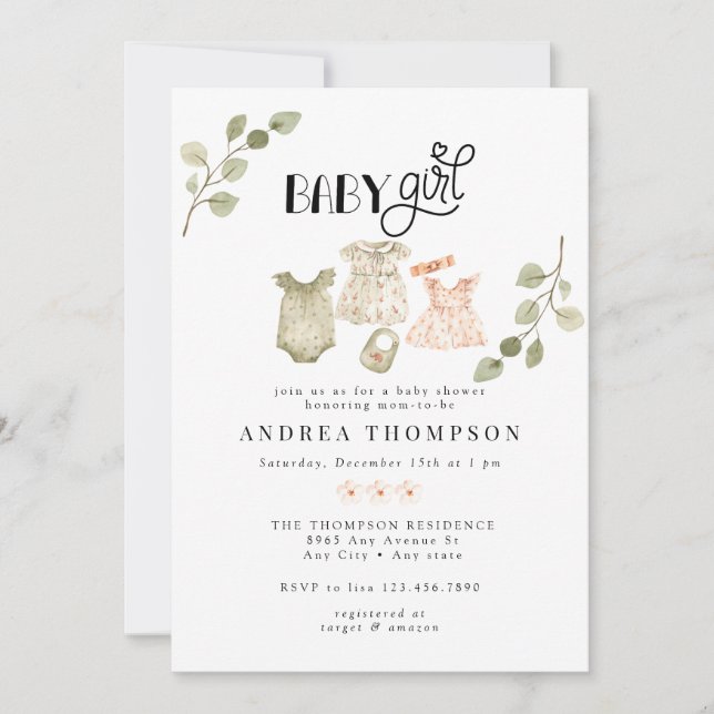 Invitation Aquarelle Vêtements bébé | Boho Girl Baby shower (Devant)