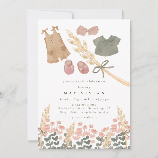 Invitation Aquarelle Vêtements bébé et Baby shower de blé (Devant)