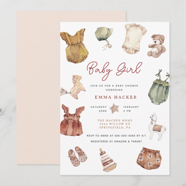 Invitation Aquarelle Vêtements Boho bébé fille douche (Devant / Derrière)