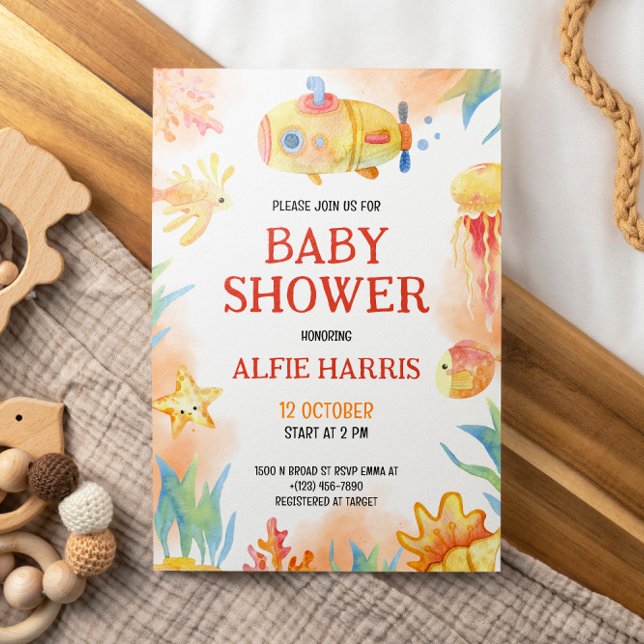 Invitation Aquarelle Vie marine Baby shower de genre neutre (Créateur téléchargé)
