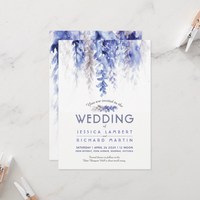 Invitation Aquarelle vigne hiver mariage bleu gris (Devant/Arrière en situation)
