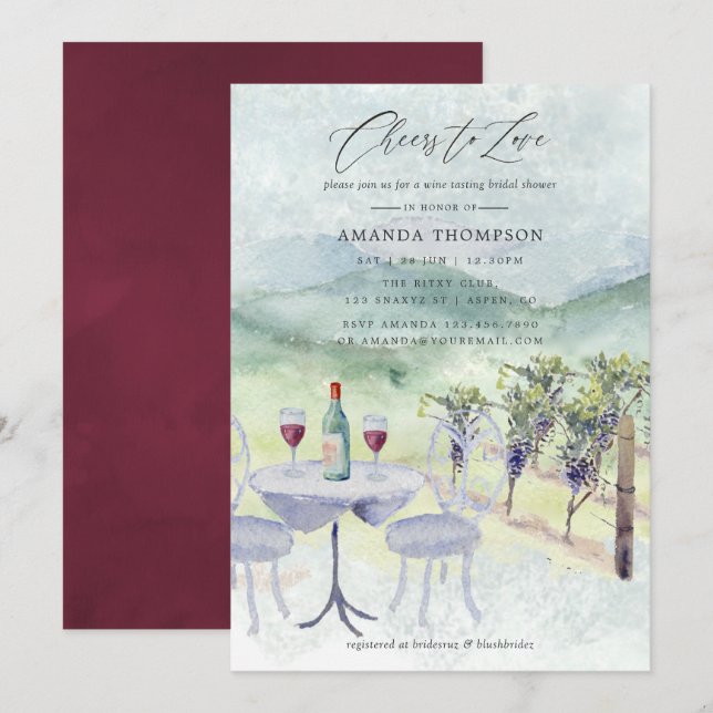 Invitation Aquarelle Vin Dégustation Fête des mariées thémati (Devant / Derrière)