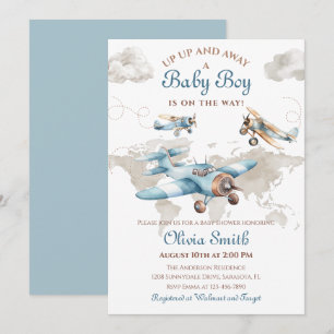 Invitation Aquarelle Vintage Avion Voyage Baby shower garçon