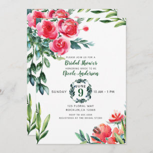 Invitation Aquarelle vintage Pavot rustique Rouge Floral Feui
