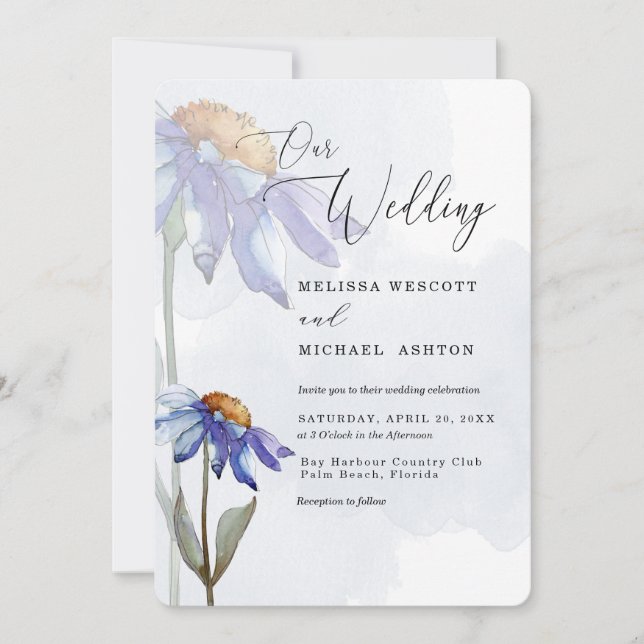 Invitation Aquarelle violet bleu Gerbera Mariage marguerite (Devant)