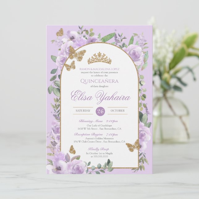 Invitation Aquarelle violet clair Beurre d'or Quinceanera (Debout devant)