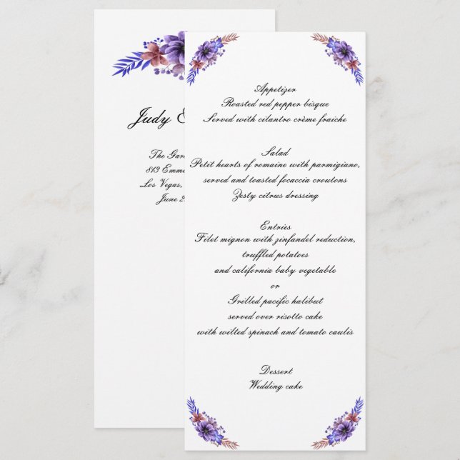 Invitation Aquarelle violet et bleu Menu Mariage Floral (Devant / Derrière)