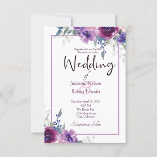 Invitation Aquarelle violet et mauve fleurs mariage invita
