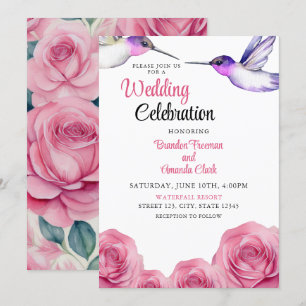 Invitation Aquarelle violet et rose Mariage de colibri