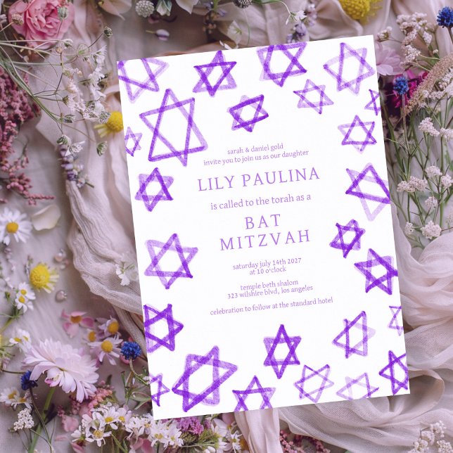 Invitation Aquarelle violet étoile de David Bar Bat mitzvah (Watercolor Purple Star of David Bar Bat Mitzvah Custom Colorful Fun Modern Invitation
)