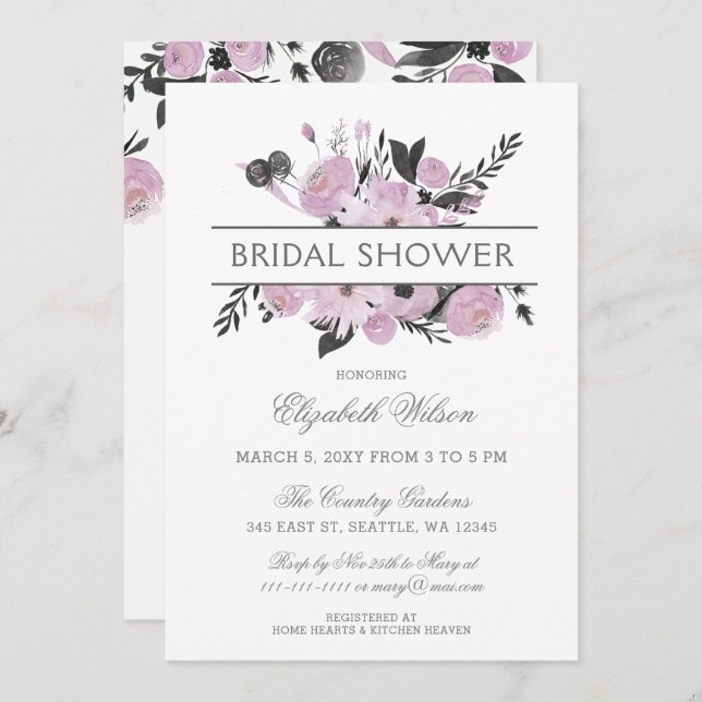 Invitation Aquarelle violet Fête des mariées de printemps flo (Devant / Derrière)