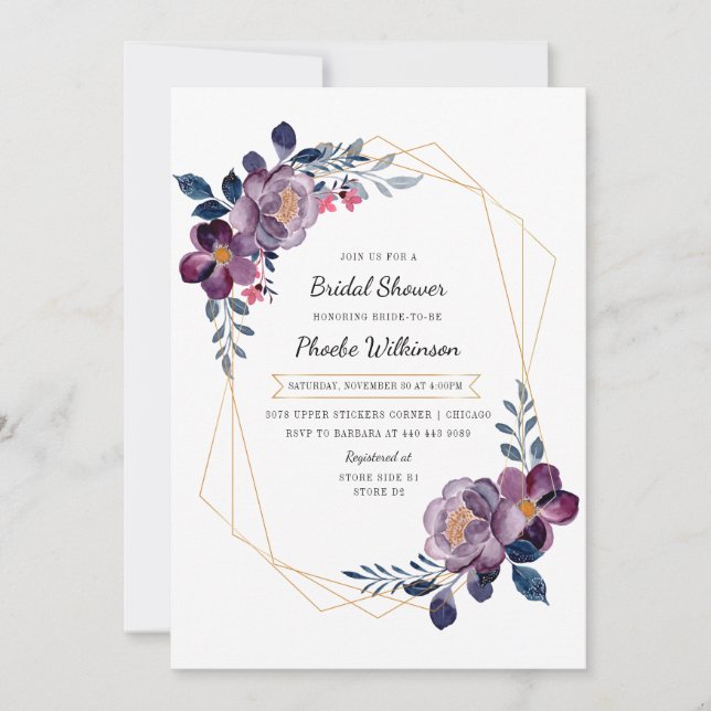 Invitation Aquarelle violet Fête des mariées florale (Devant)