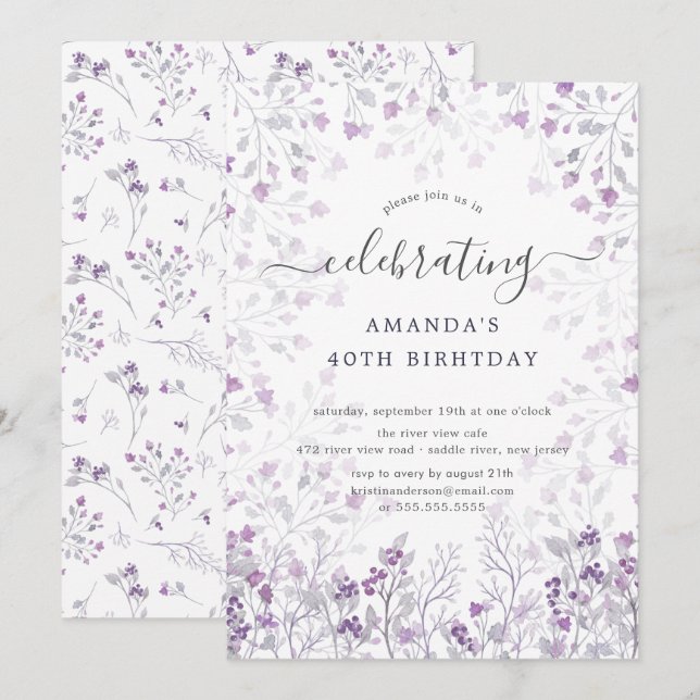 Invitation Aquarelle violet Fleur sauvage fête d'anniversaire (Devant / Derrière)