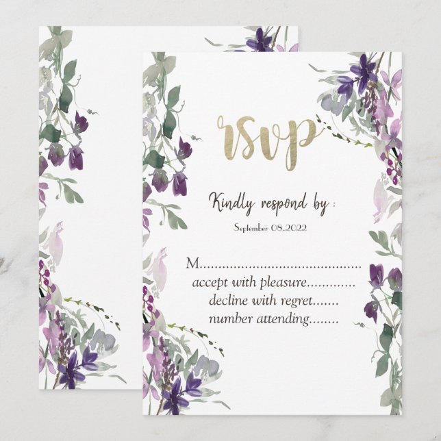 Invitation Aquarelle violet Fleur sauvage RSVP (Devant / Derrière)