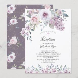 Invitation Aquarelle Violet Fleurs Baptême