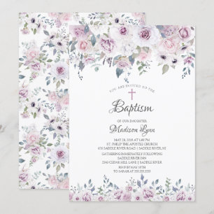 Invitation Aquarelle Violet Fleurs Baptême