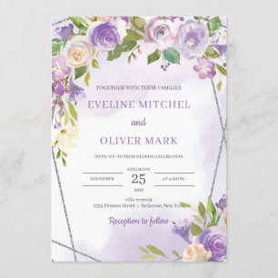 Invitation Aquarelle violet floral argenté cadre mariage