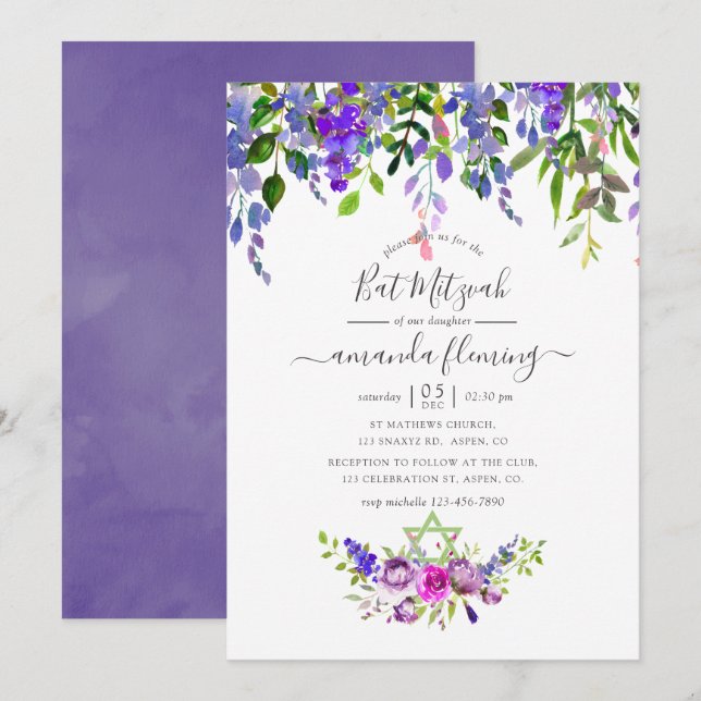 Invitation Aquarelle Violet Floral Bat mitzvah (Devant / Derrière)