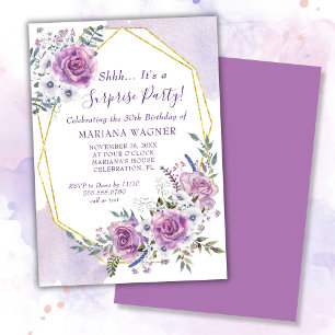 Invitation Aquarelle violet Floral Surprise fête d'anniversai