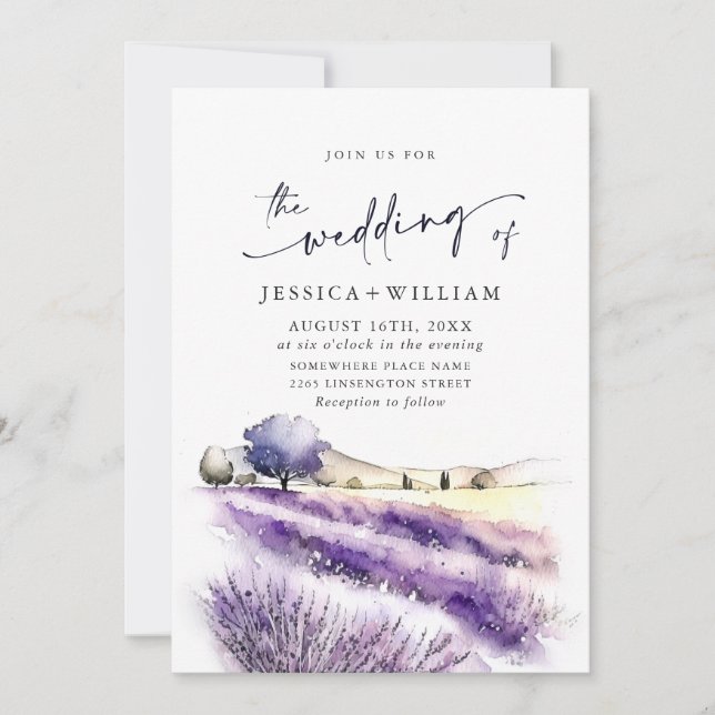 Invitation Aquarelle violet Mariage de champ Lavender Code QR (Devant)