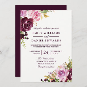 Invitation Aquarelle violet Mariage feuille verte