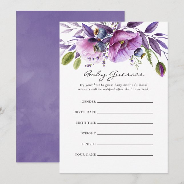 Invitation Aquarelle Violet Poppy Floral Baby shower Guesses (Devant / Derrière)